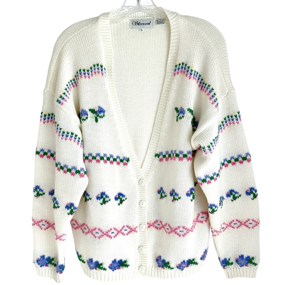 Silvercord Sweaters - Silvercord Vintage 100% Acrylic Floral Pattern White Long Sleeve Cardigan Size L